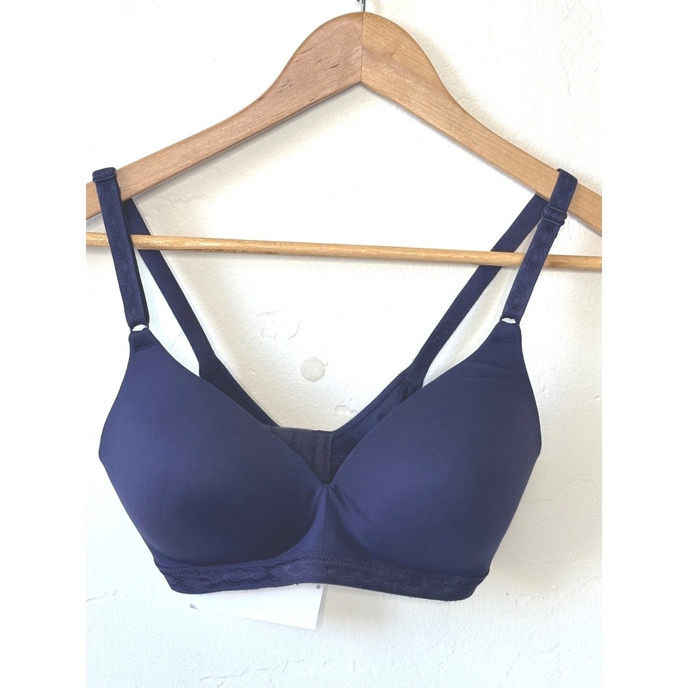 Warners All You Need Wireless Bra 34C Navy Blue Lace Trim Adjustable Comfort